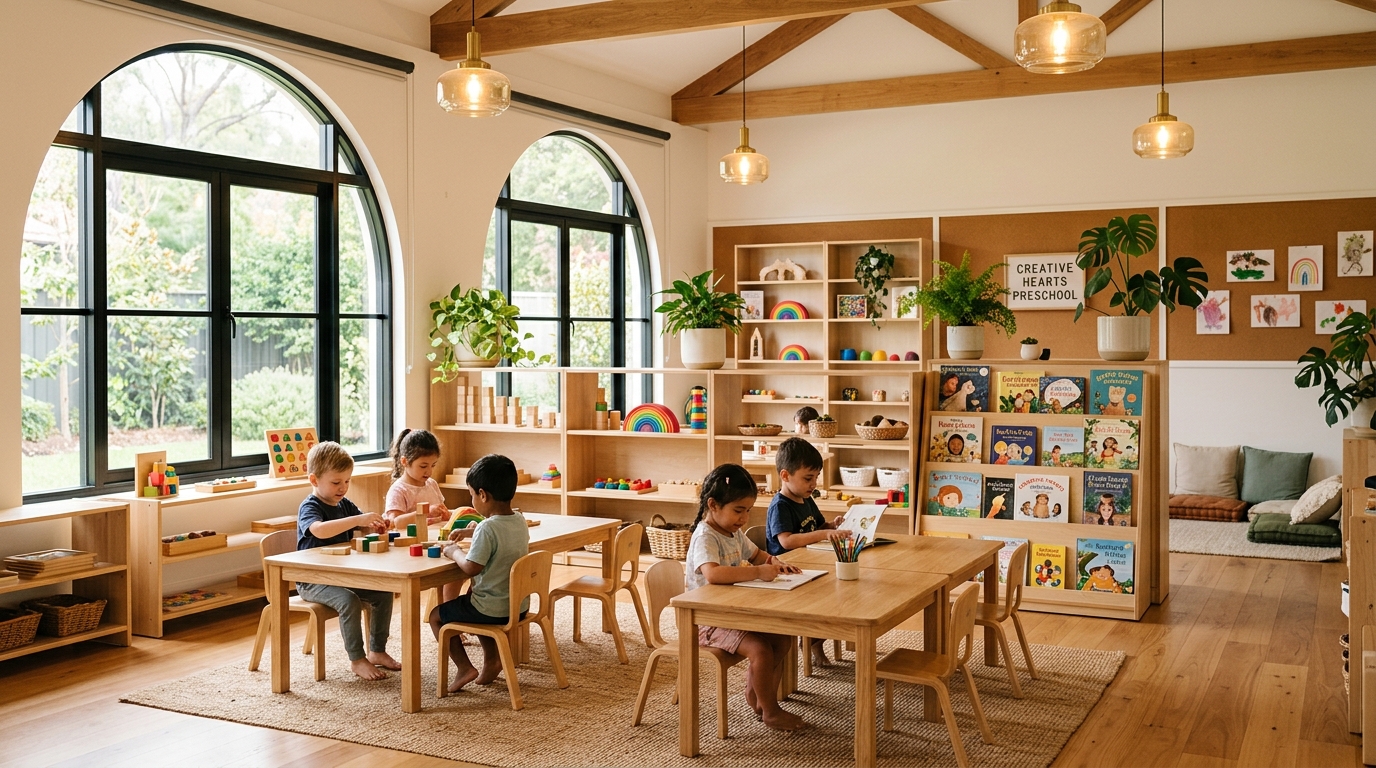 Bright Montessori preschool classroom interior with arched windows and toys